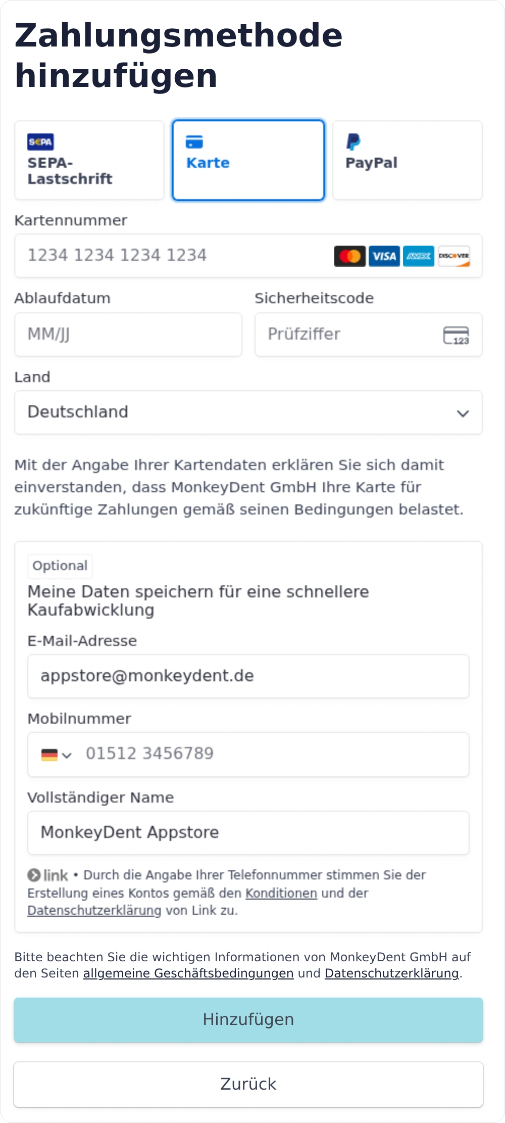 Dialog zum Hinzufügen einer Zahlungsmethode mit Auswahl für Karte, SEPA-Lastschrift und PayPal