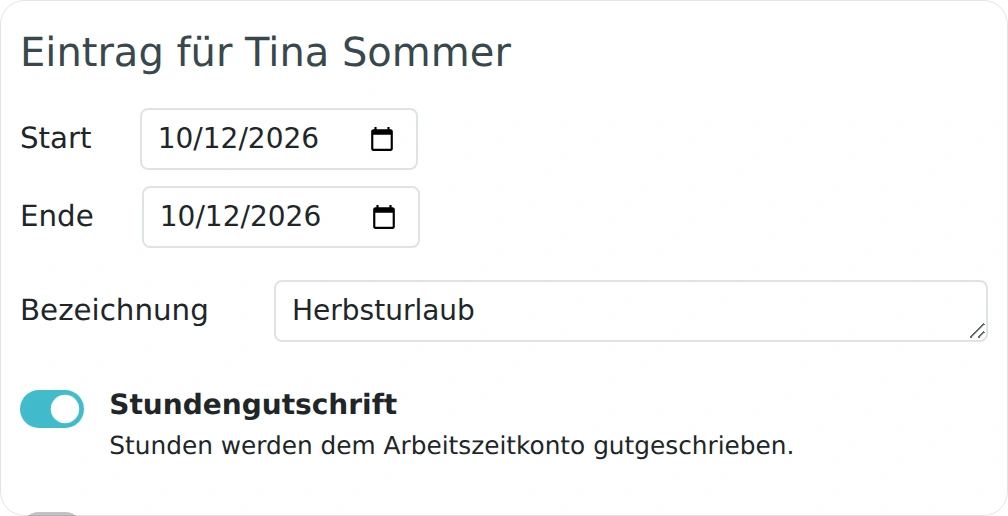 Schalter zum Aktivieren der Stundengutschrift einer Abwesenheit