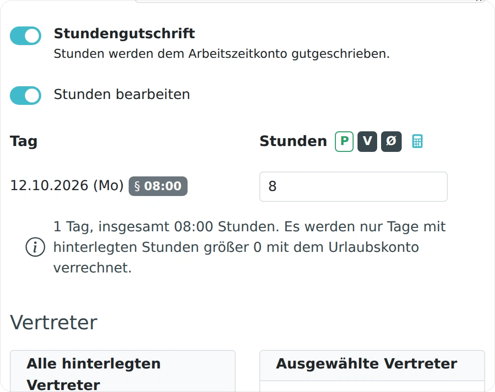 Stundengutschrift für einen einzelnen Tag und Mitarbeiter eingeben