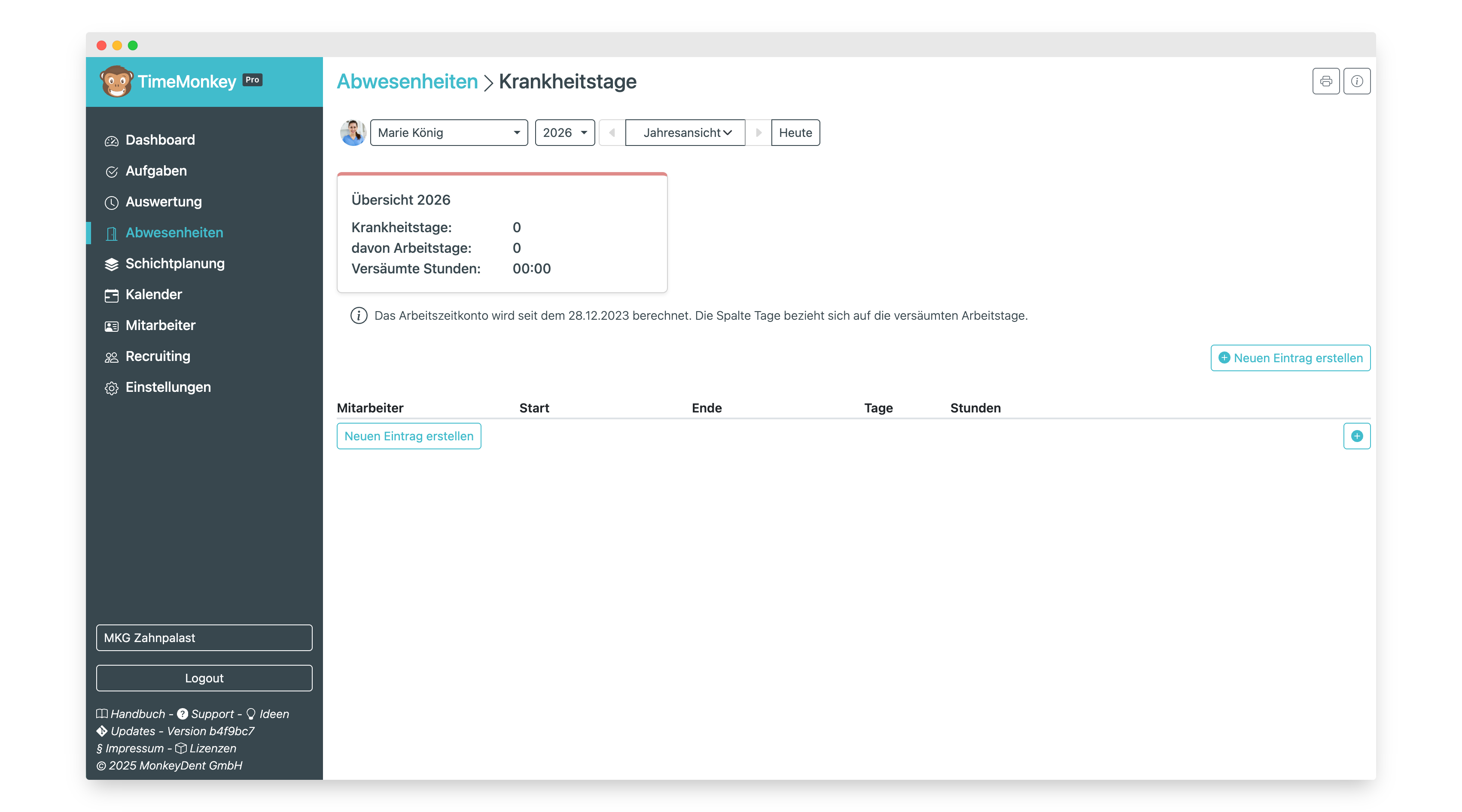 Krankheitstage Übersicht mit Eintrag