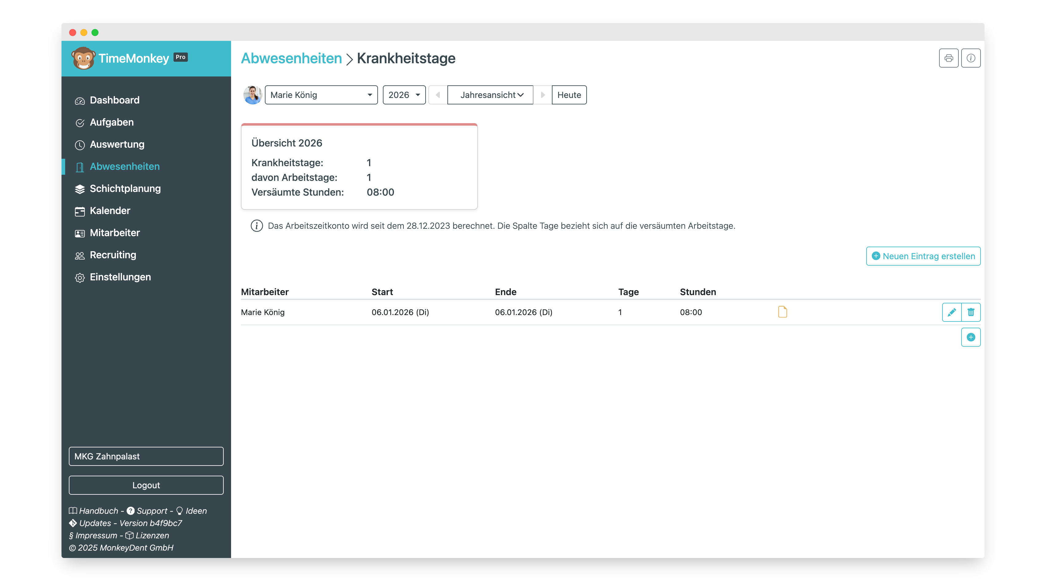 Krankheitstage Übersicht mit Eintrag