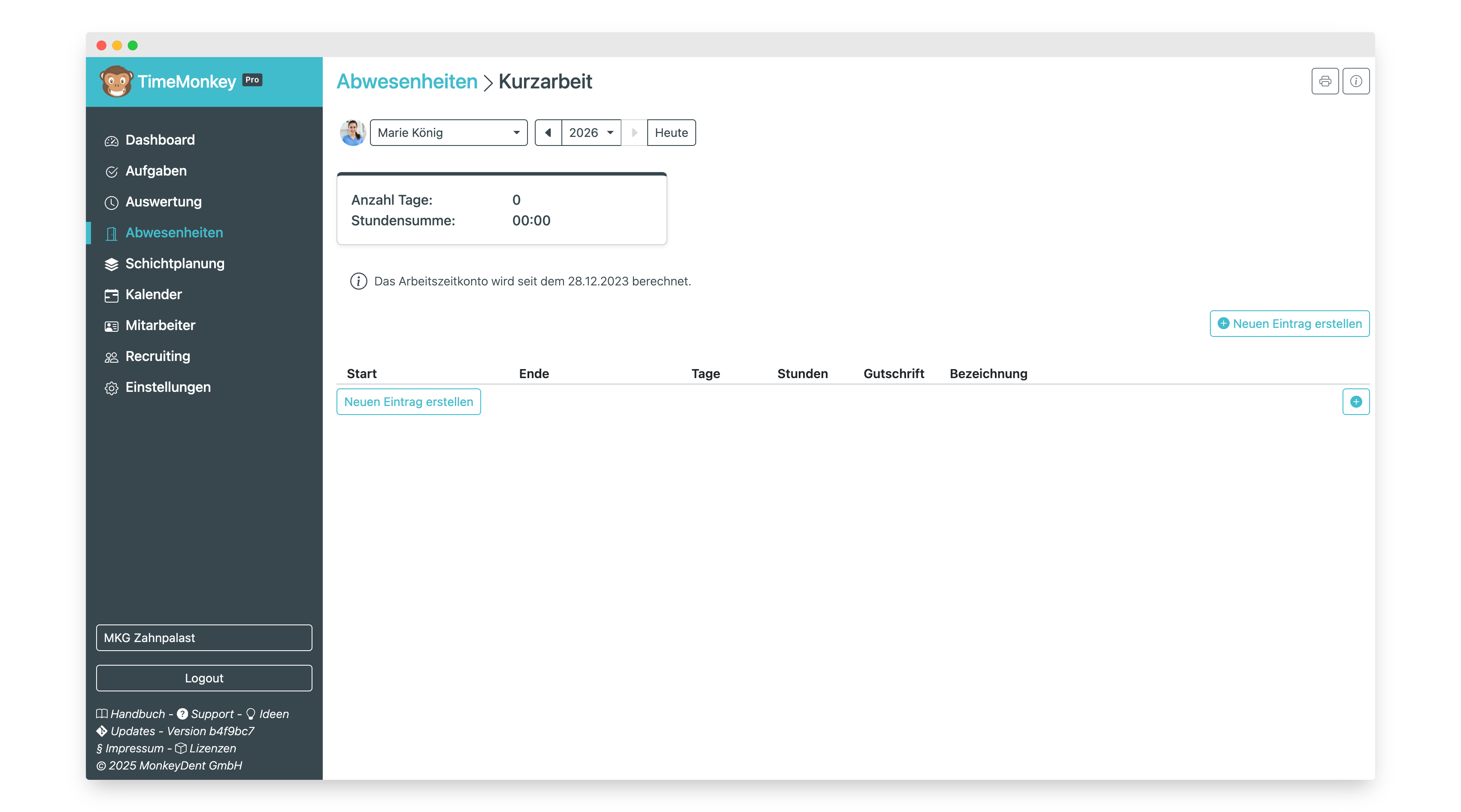 Kurzarbeit Übersicht mit Eintrag