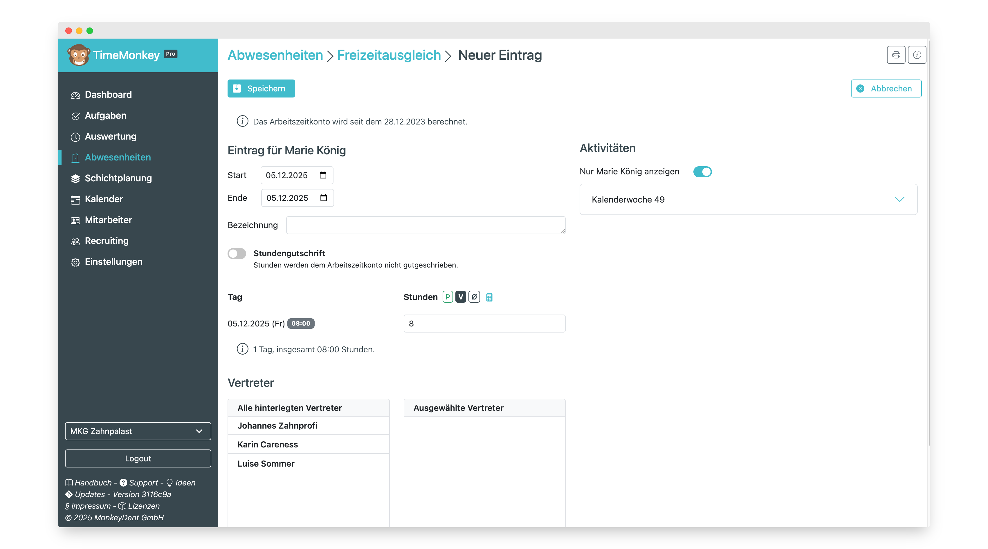 Neuen Freizeitausgleich eintragen