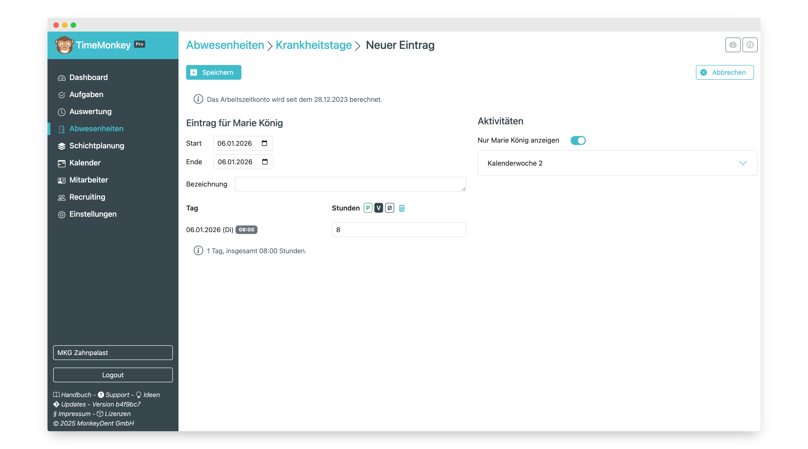Krankheitstage Eintrag