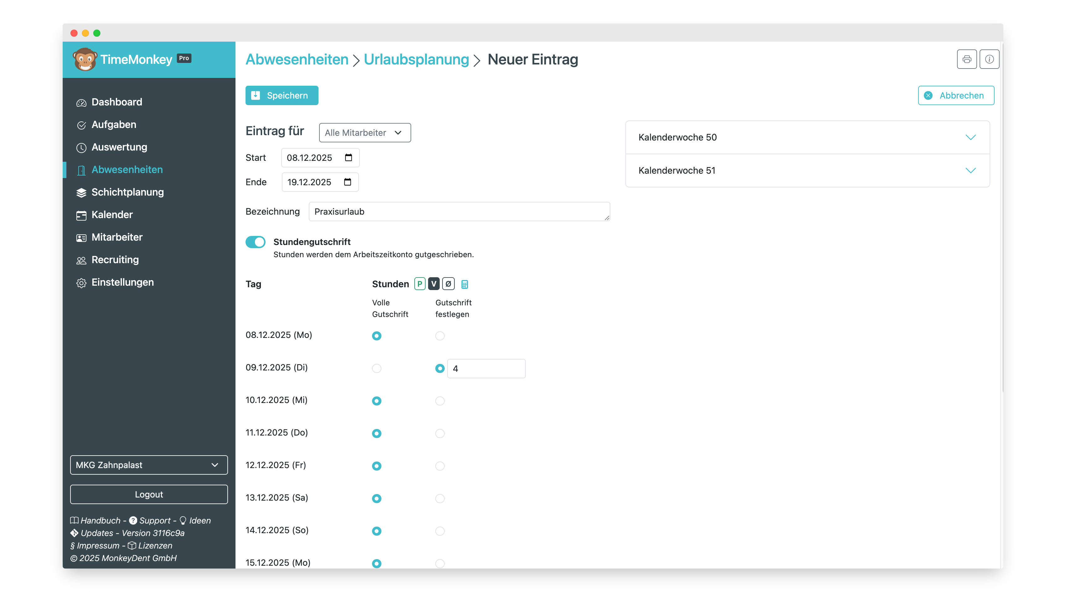 Praxisurlaub erstellen