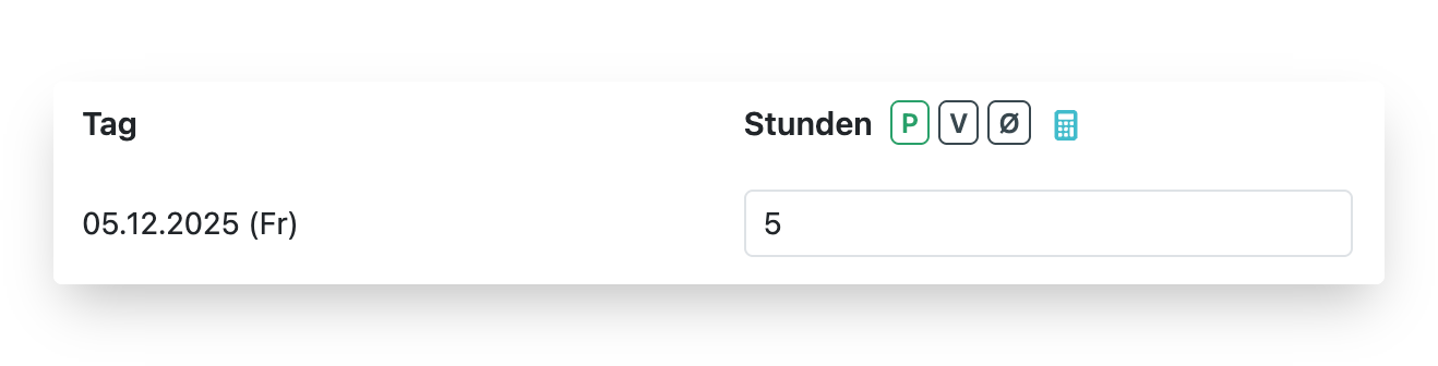 Stundengutschriften - die Buttons P, V, Ø, Rechner