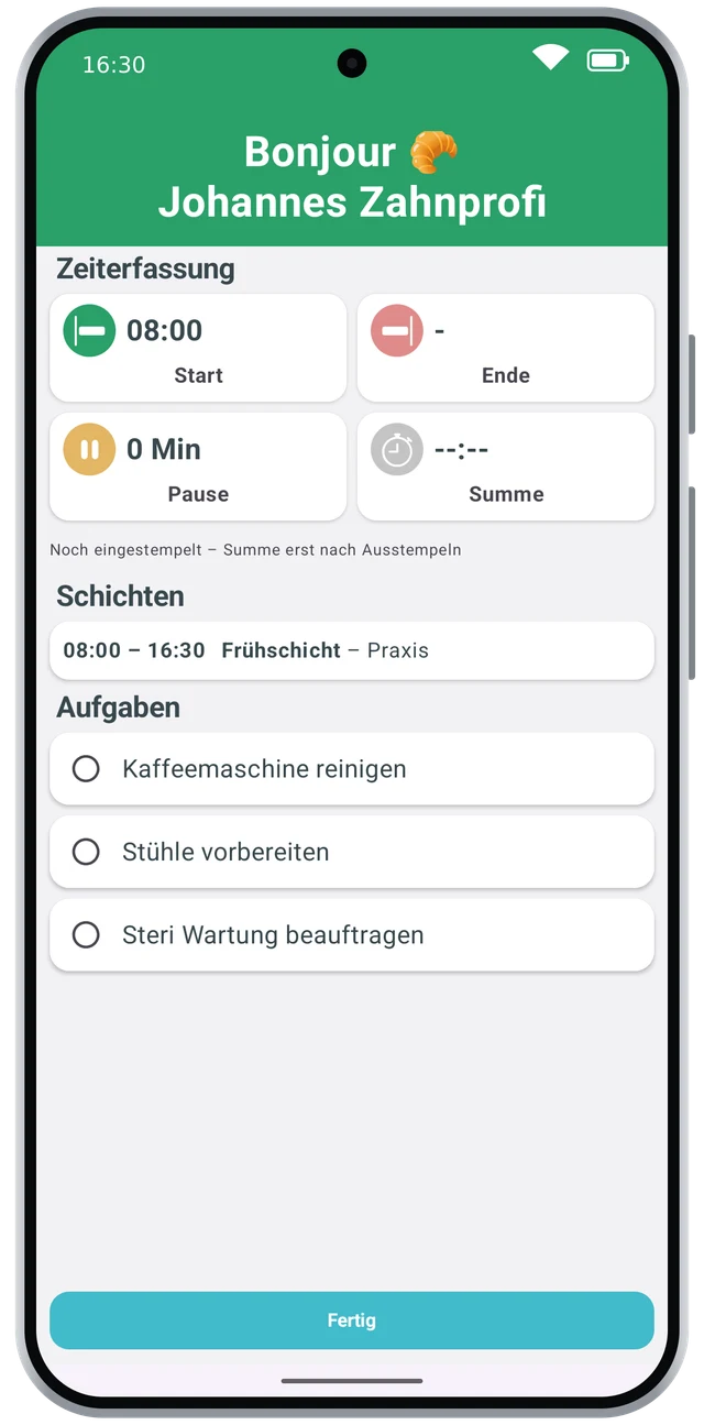 Tagesübersicht der TimeMonkey Android-App nach dem Einstempeln mit Start, Schicht und Aufgaben