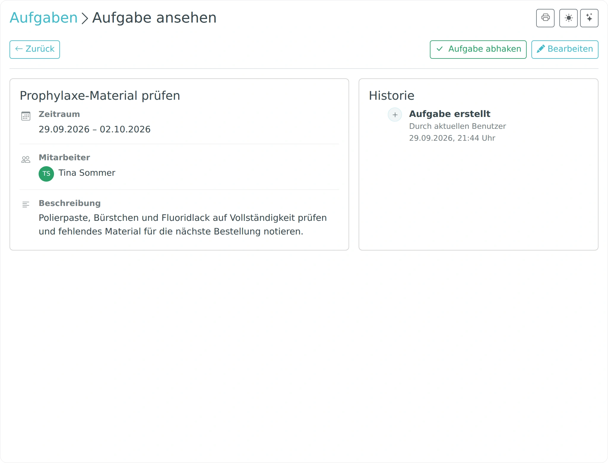 Detailansicht einer Aufgabe mit Beschreibung und zuständigen Mitarbeitern