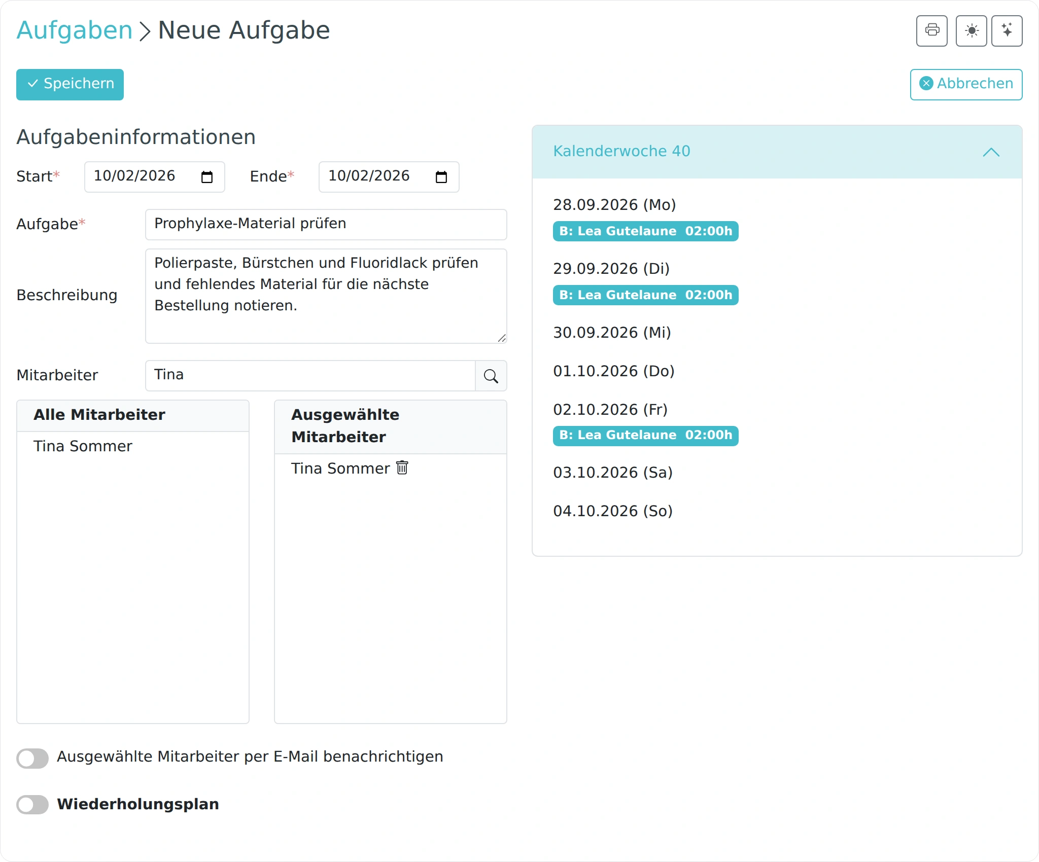 Neue Aufgabe Prophylaxe-Material prüfen mit Beschreibung und Mitarbeiterzuweisung anlegen
