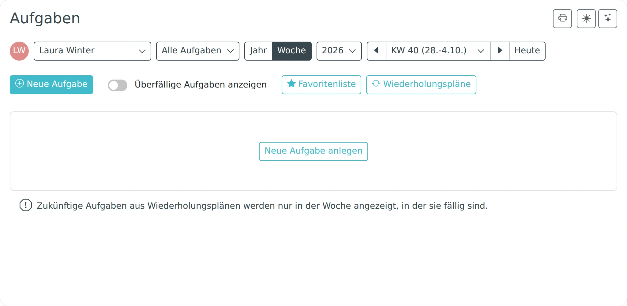 Aufgabenübersicht ohne Aufgaben im ausgewählten Zeitraum