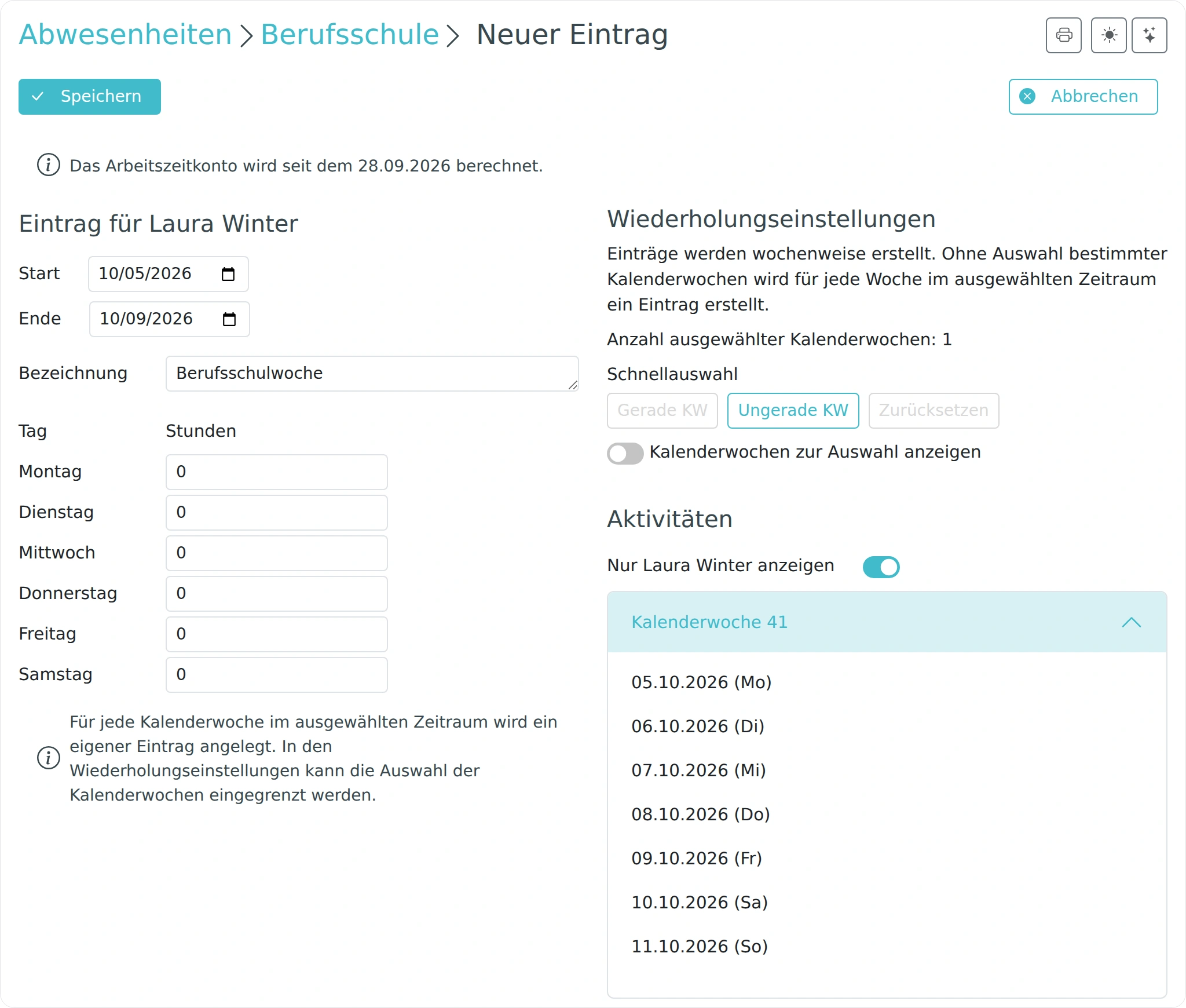 Formular zum Eintragen von Berufsschulzeiten