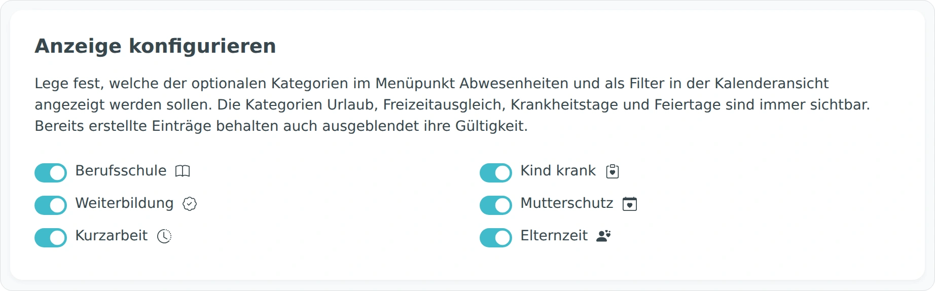Schalter zum Einblenden der optionalen Abwesenheitskategorien