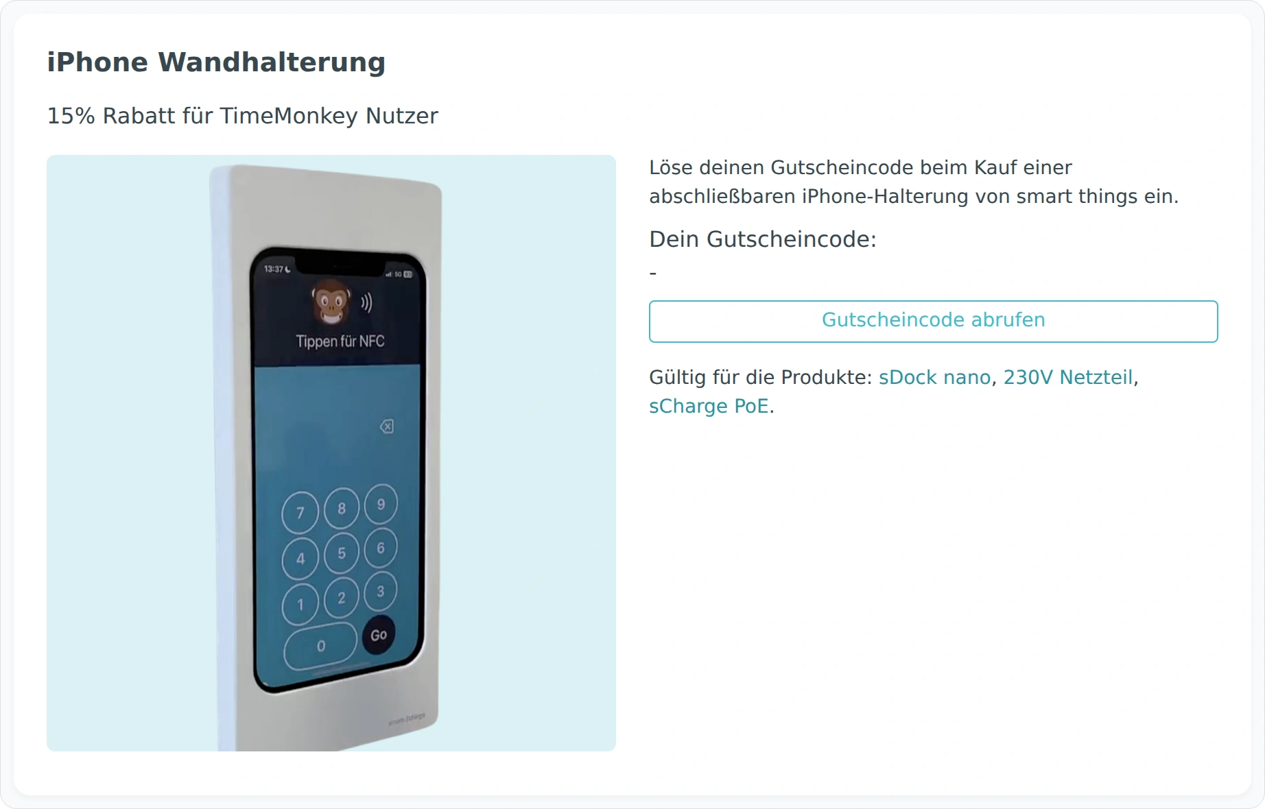 iPhone-Wandhalterung mit 15 Prozent Rabatt und Schaltfläche zum Abrufen des Gutscheincodes