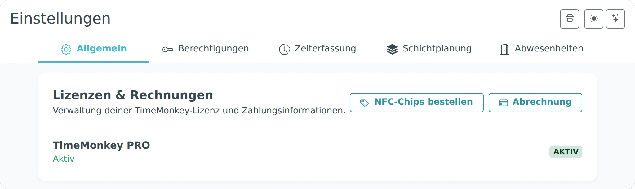 Einstellungen im Reiter Allgemein mit aktiver Pro-Lizenz und Schaltfläche Abrechnung