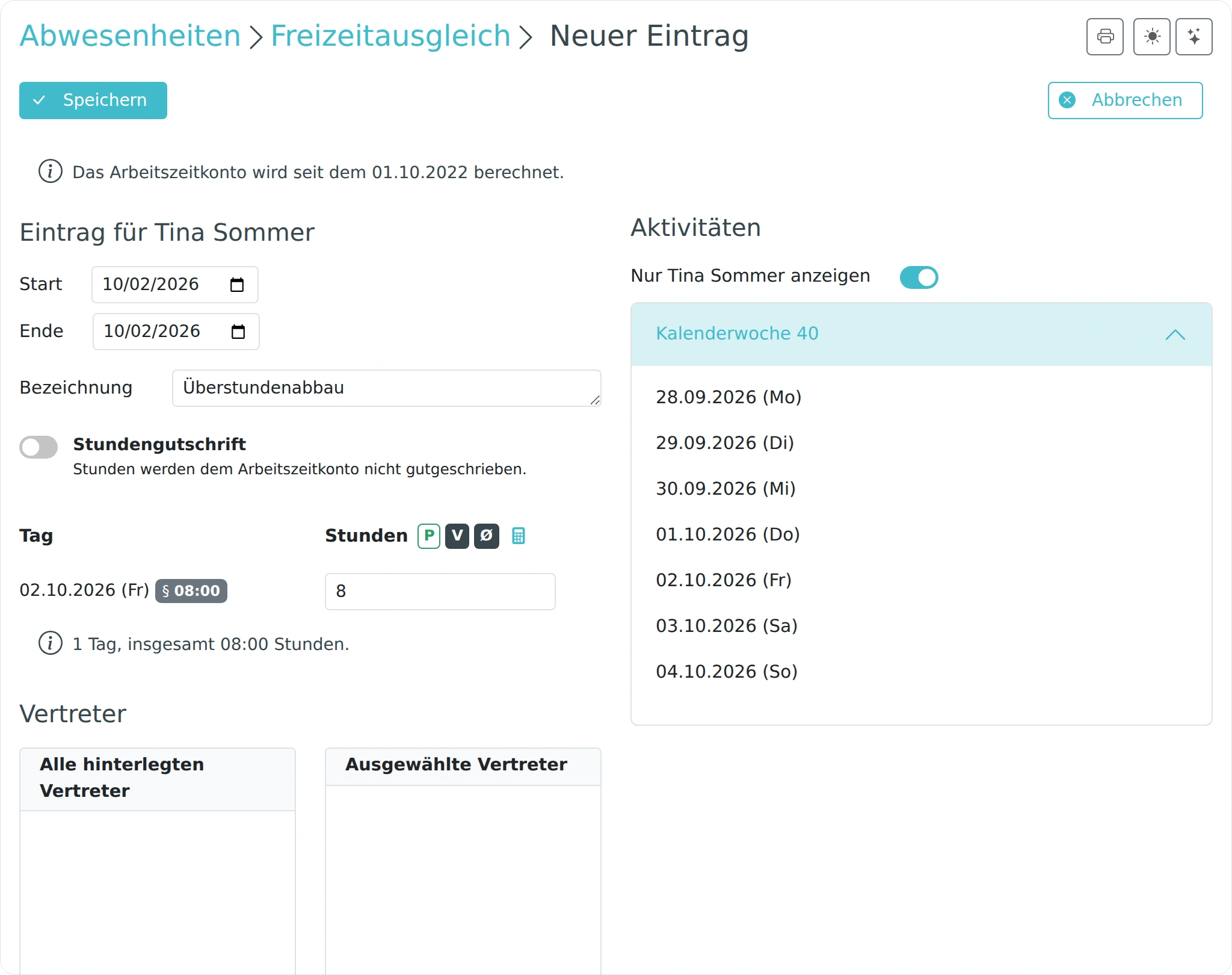 Formular zum Eintragen von Freizeitausgleich