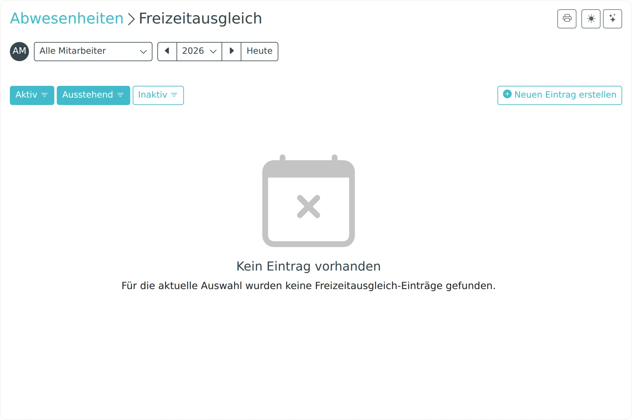 Freizeitausgleichübersicht für alle Mitarbeiter mit Schaltfläche Neuen Eintrag erstellen