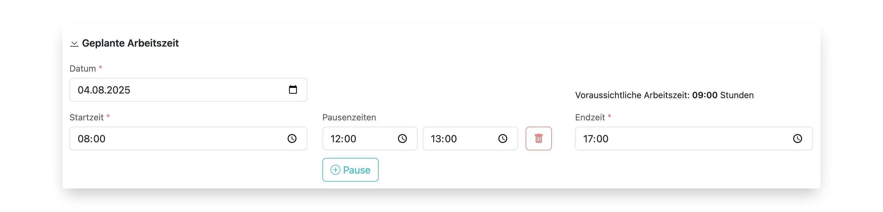 Geplante Arbeitszeit anpassen