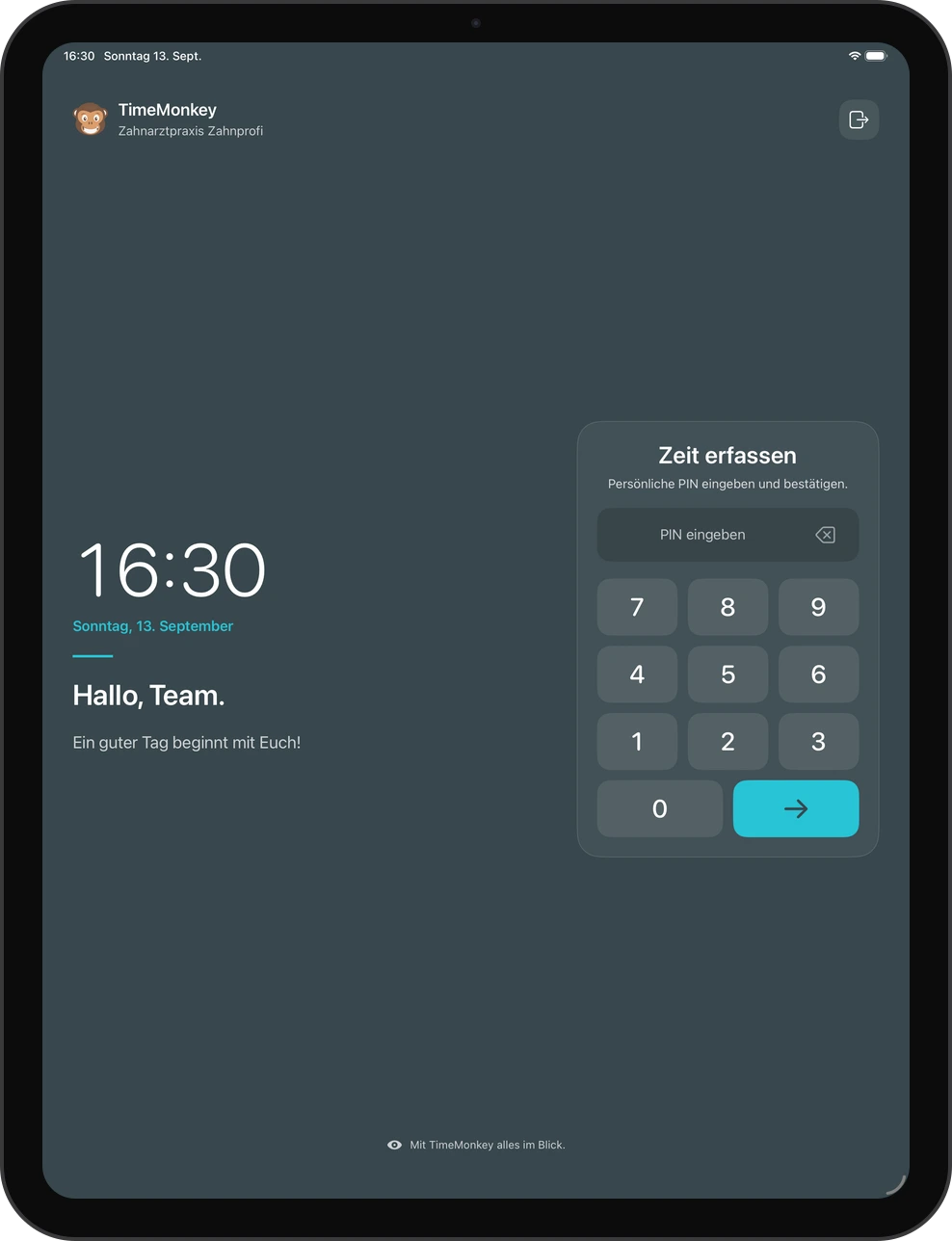 TimeMonkey-Stempeluhr auf dem iPad mit Uhrzeit, Datum, Begrüßung und PIN-Eingabe