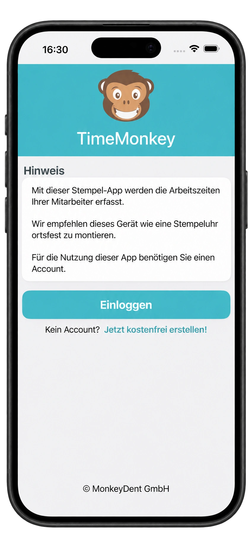 Startseite der TimeMonkey-App mit Einloggen und kostenfreier Registrierung