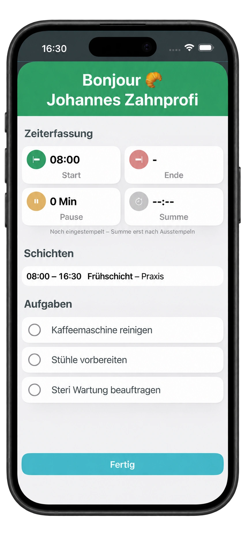 Tagesübersicht der TimeMonkey iOS-App nach dem Einstempeln mit Arbeitsbeginn, geplanter Schicht und Aufgaben