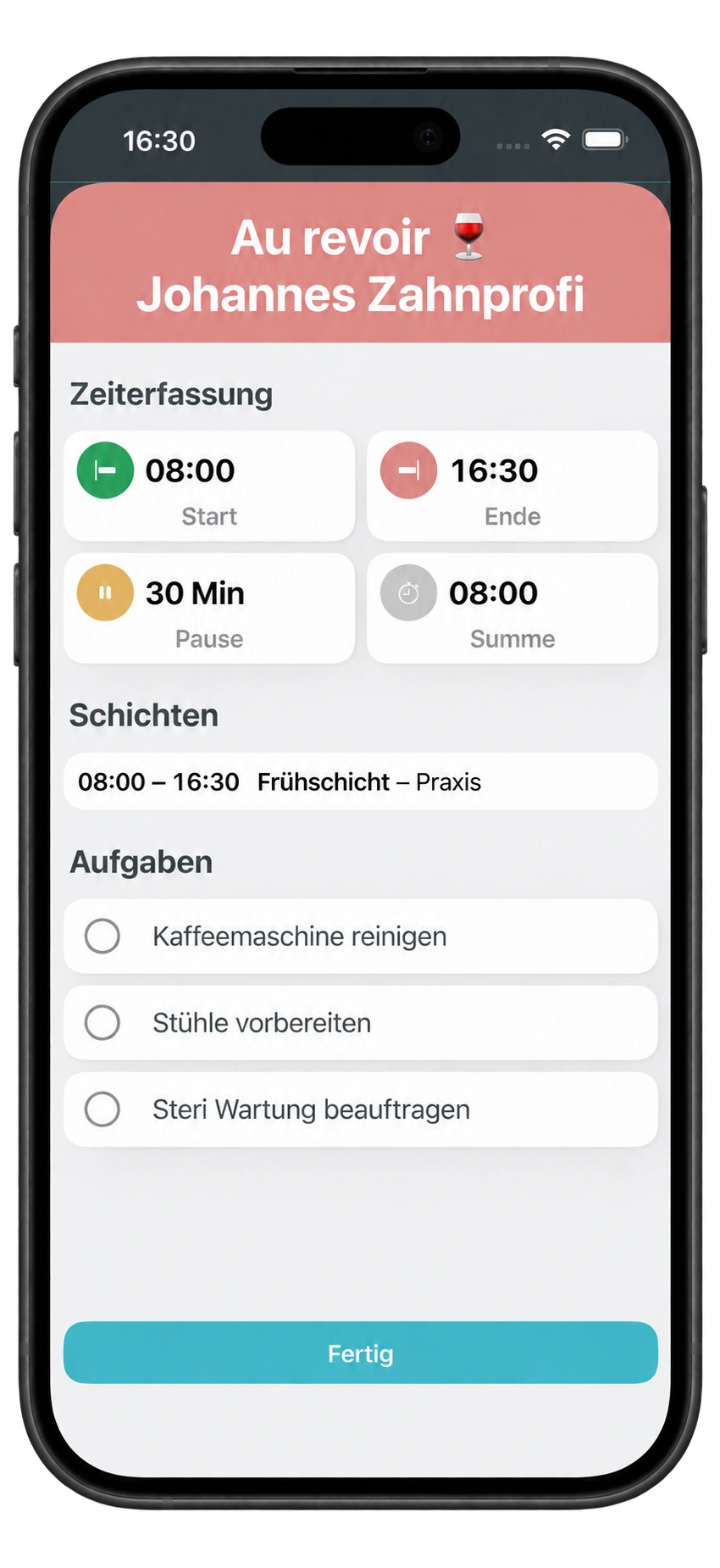 Tagesübersicht nach dem Ausstempeln: Arbeitsbeginn 08:00 Uhr, Arbeitsende 16:30 Uhr, 30 Minuten Pause und acht Stunden Arbeitszeit