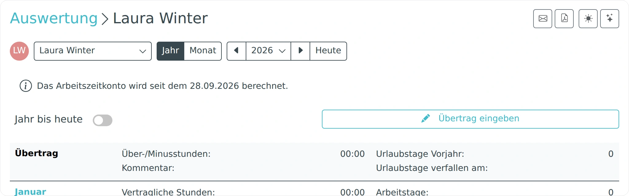 Schaltfläche Übertrag eingeben für das Arbeitszeit- und Urlaubskonto
