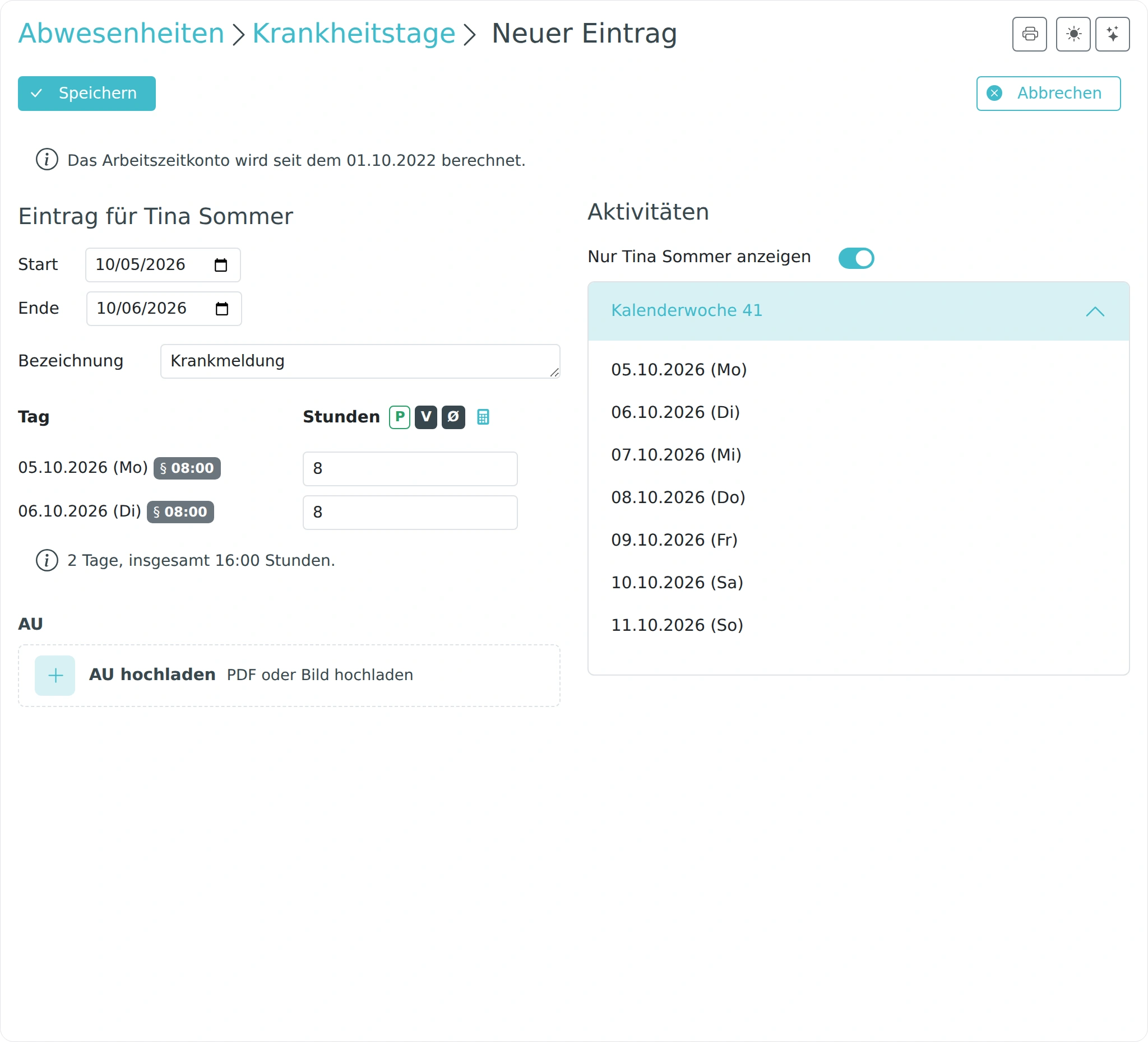 Formular zum Eintragen von Krankheitstagen