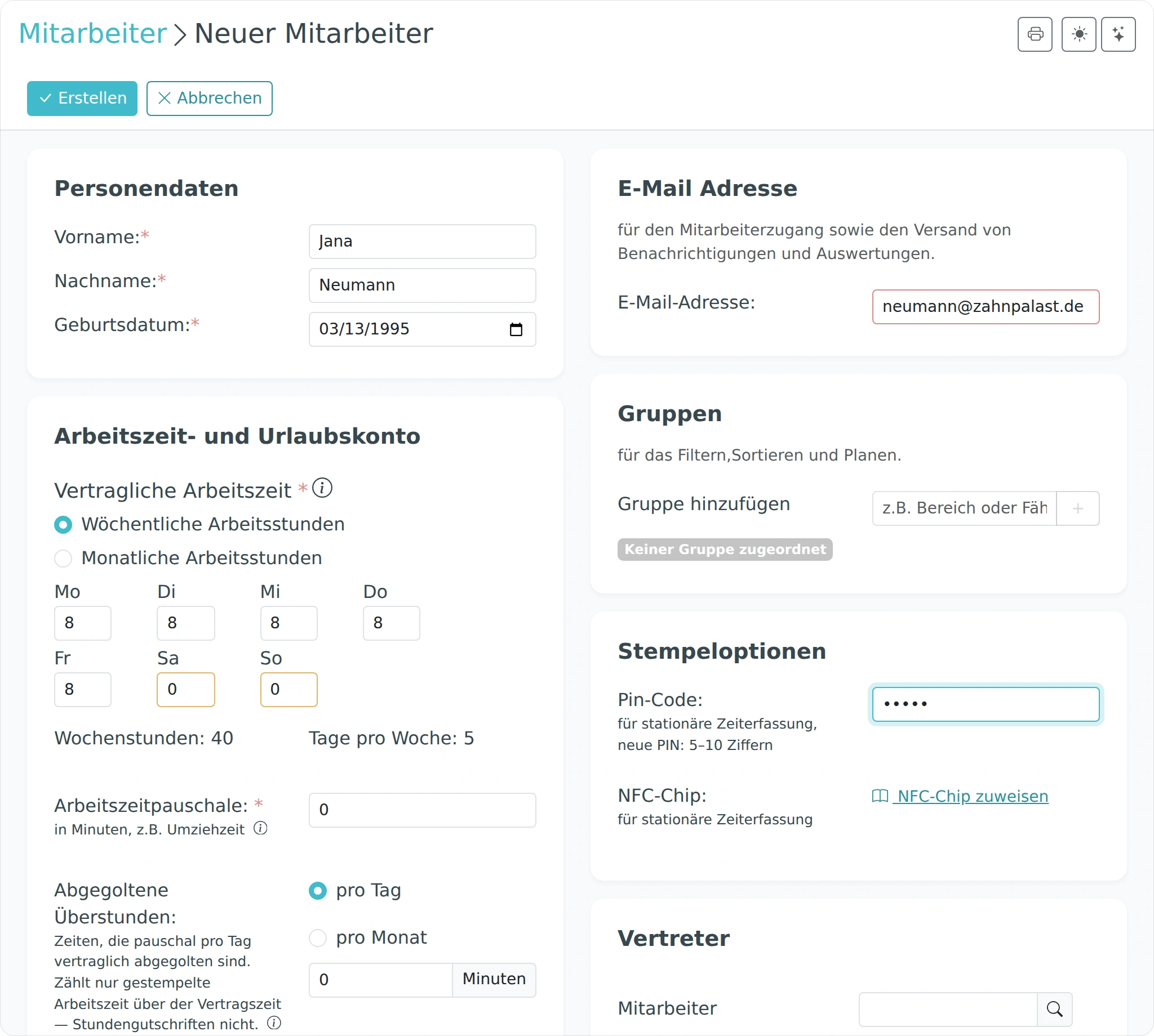 Formular zum Anlegen eines Mitarbeiters