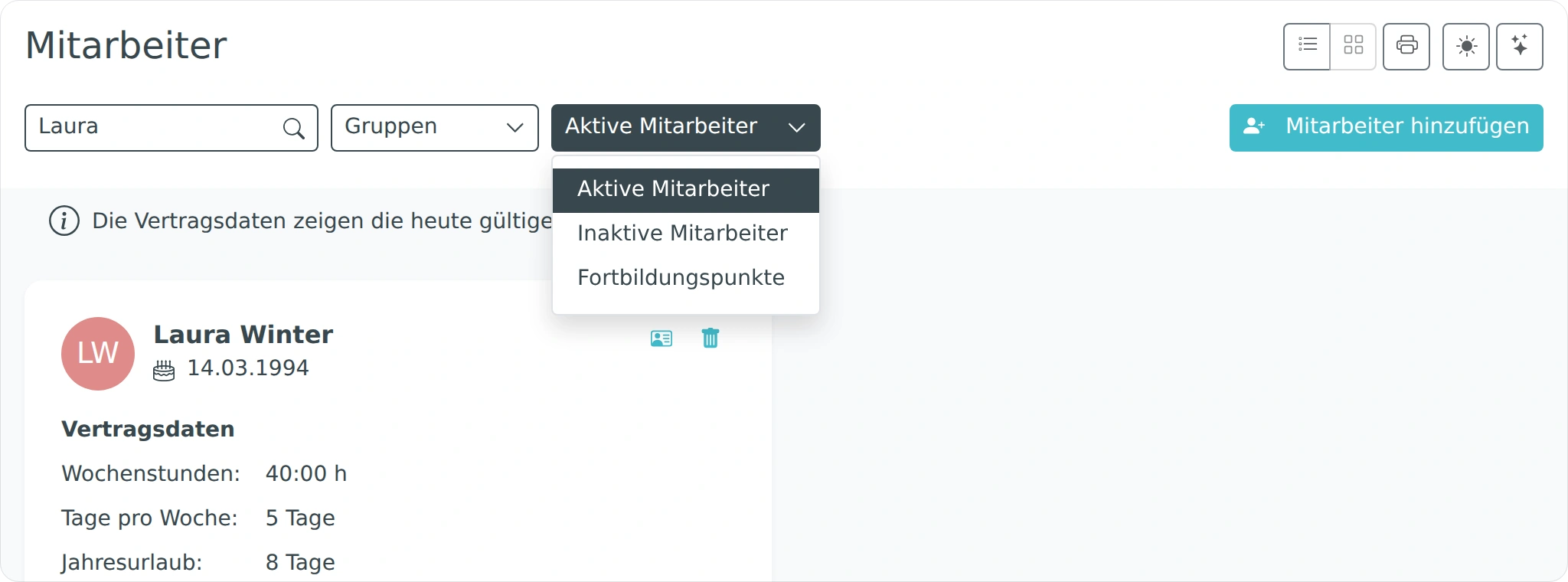 Ansicht Fortbildungspunkte im Menü der Mitarbeiterübersicht auswählen