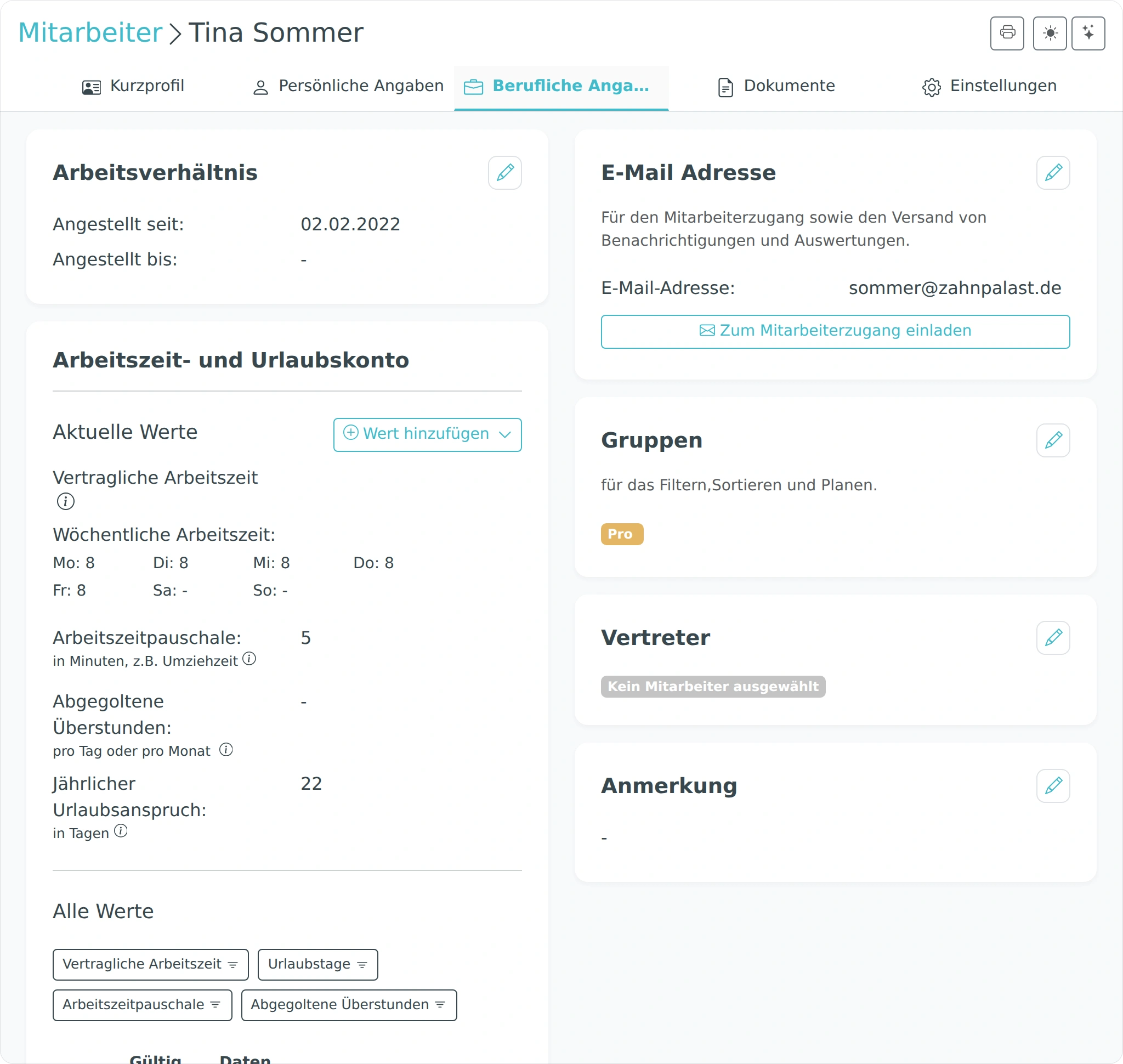 Berufliche Angaben eines Mitarbeiters