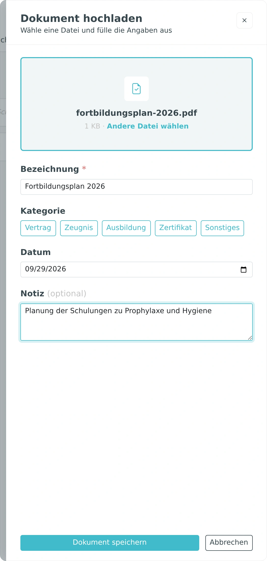 Neuen Dokumenteintrag mit Kategorie und Dateiauswahl hinzufügen