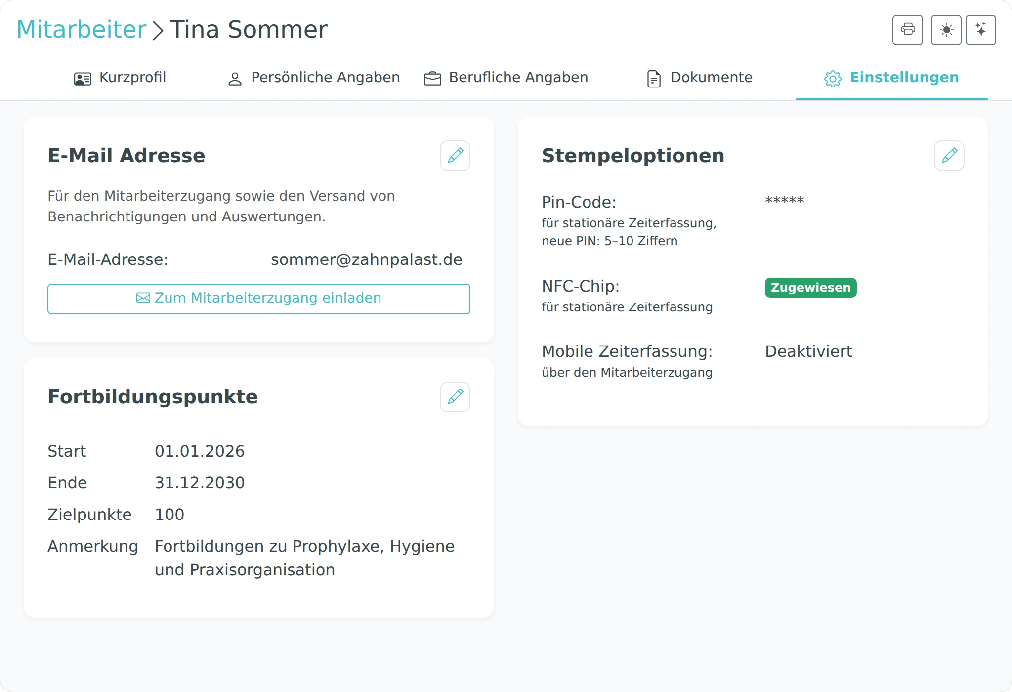 Reiter Einstellungen in der Personalakte