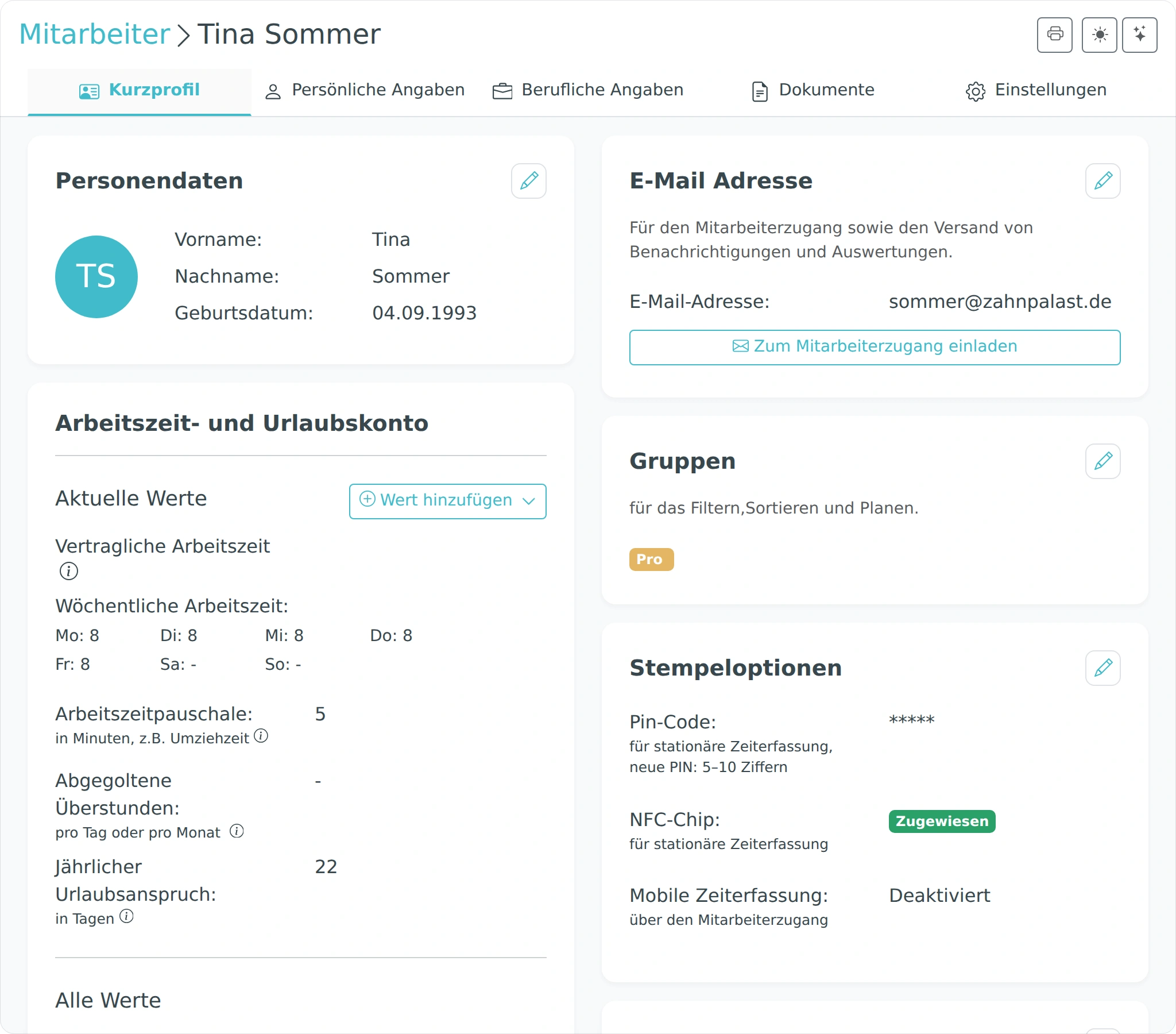 Kurzprofil eines Mitarbeiters mit wichtigen Stammdaten