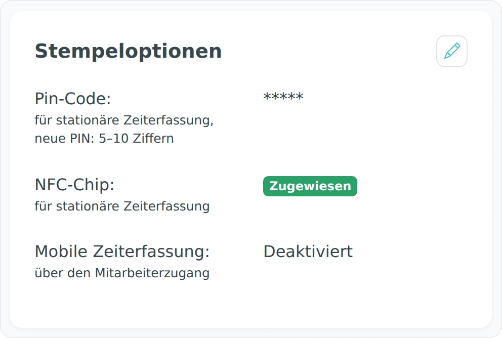 Stempeloptionen mit verborgenem PIN-Code und Status der mobilen Zeiterfassung