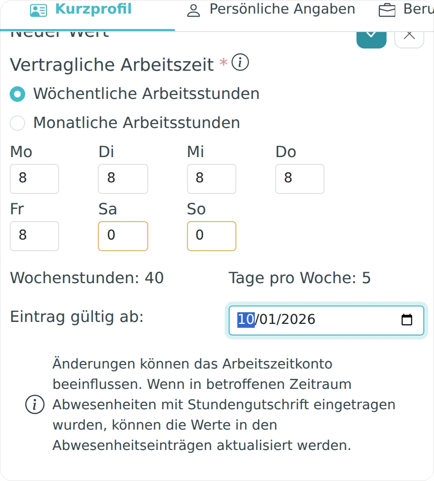 Gültigkeitsdatum einer Änderung in der Personalakte festlegen