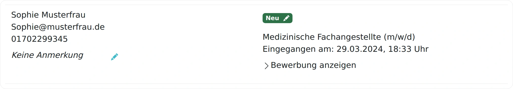Beispielbewerbung von Sophie Musterfrau mit Status und Aktionen zur Bearbeitung