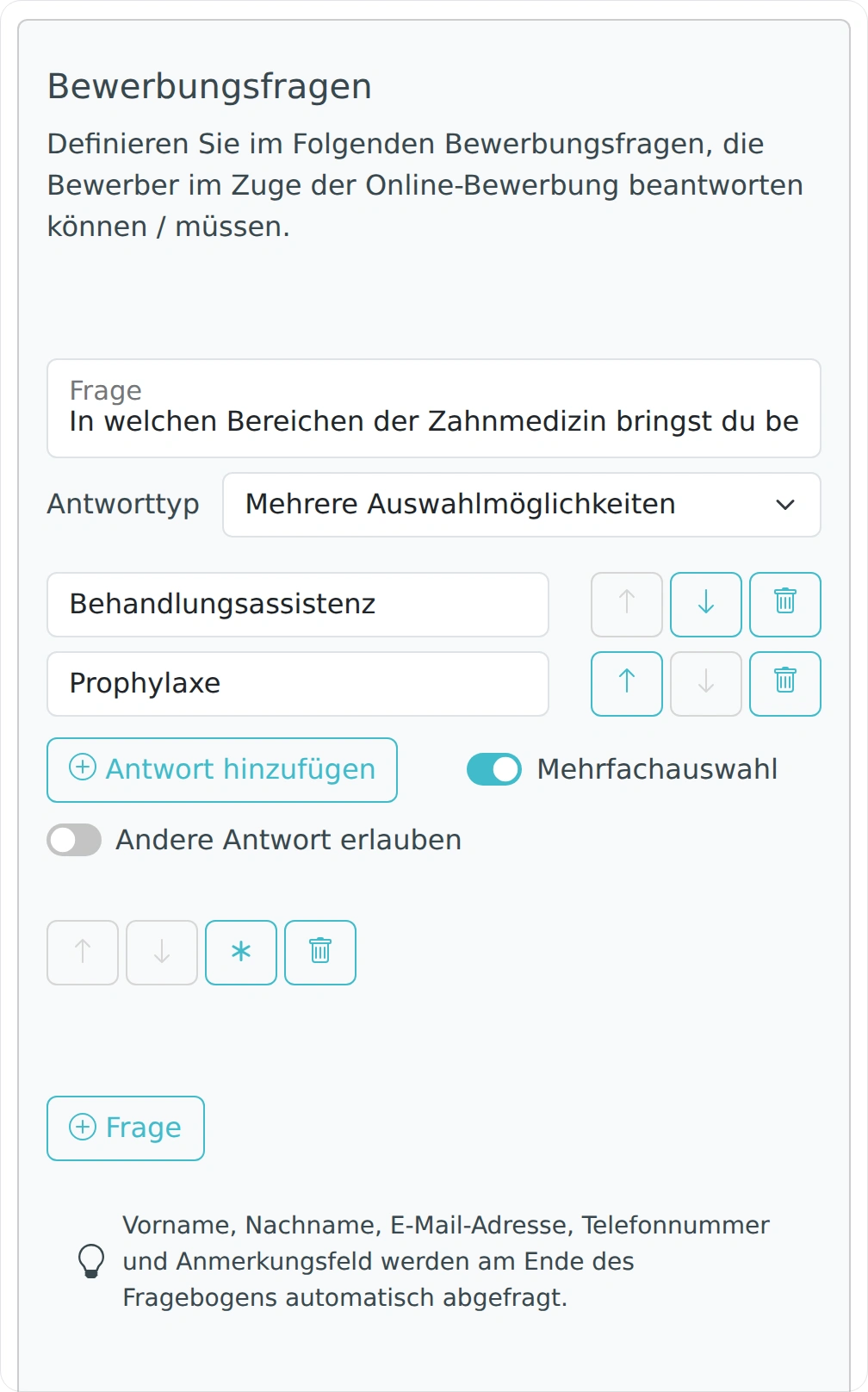 Individuelle Frage im Bewerbungsformular