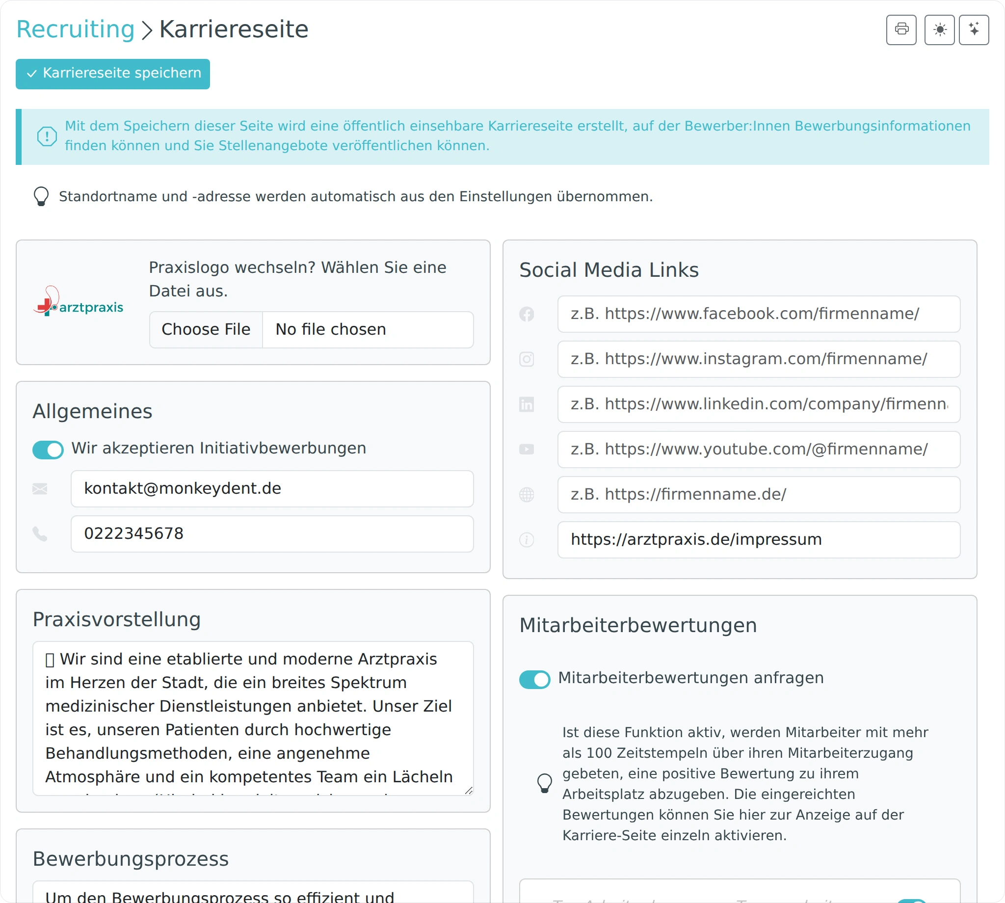 Karriereseite mit Logo, Kontaktdaten und Beschreibung bearbeiten