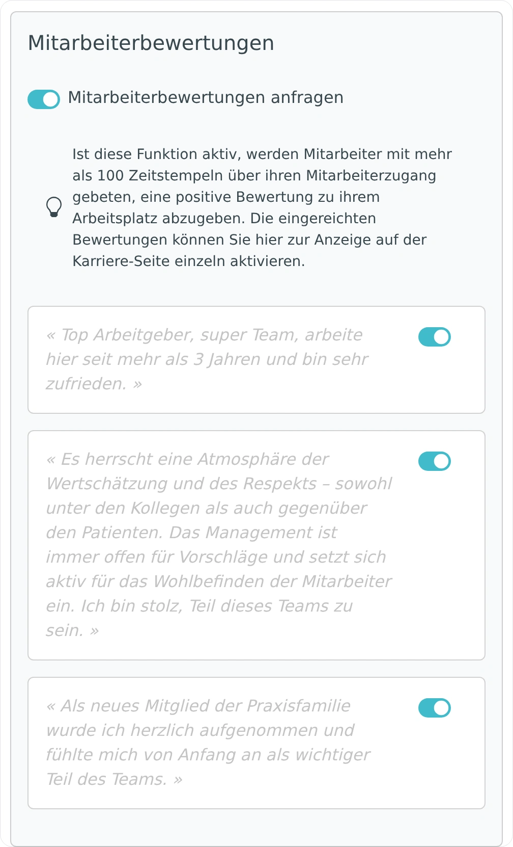 Mitarbeiterbewertungen mit aktiviertem Schalter für die Anzeige auf der Karriereseite