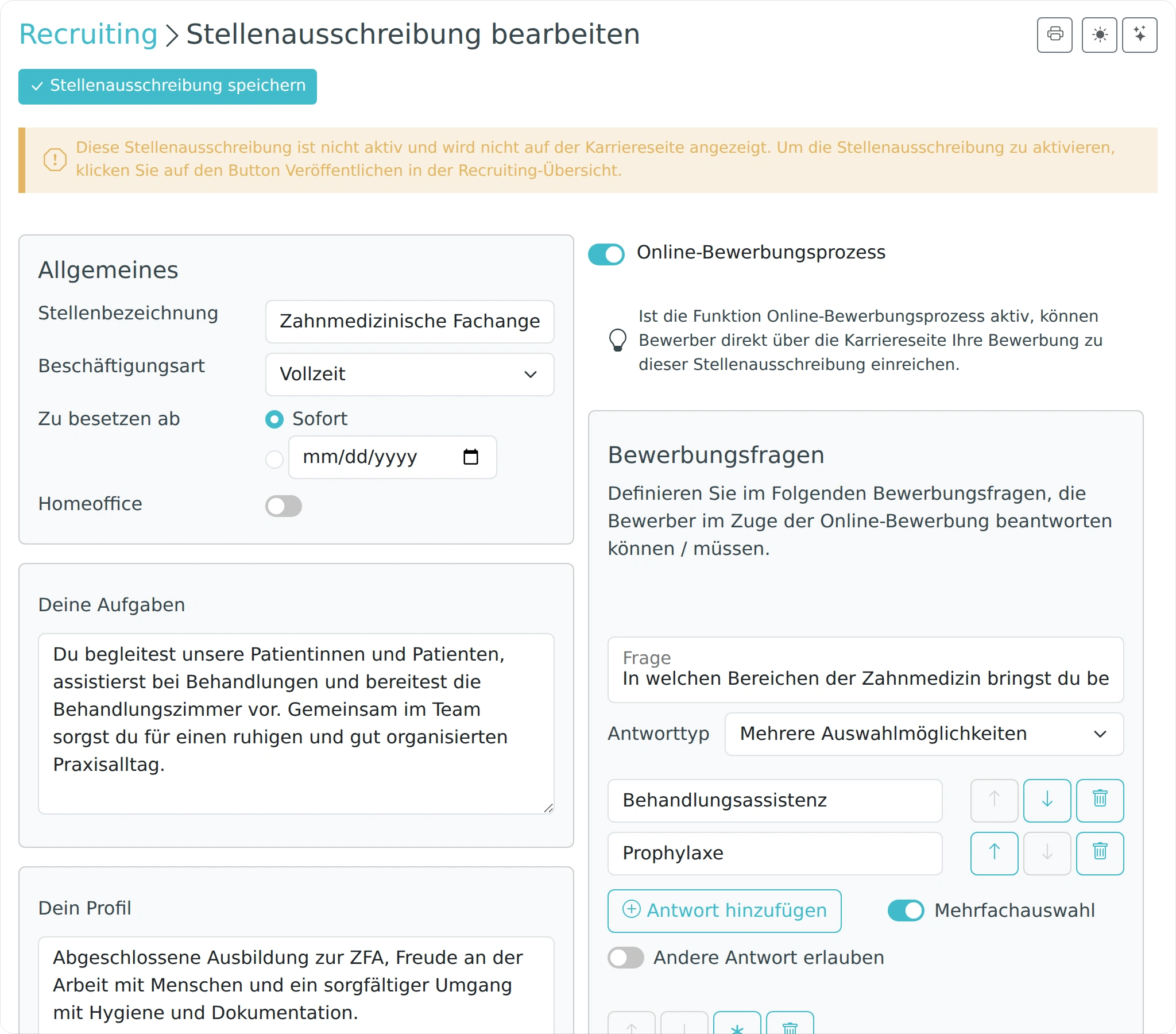 Stellenangebot mit allgemeinen Angaben, Beschreibung und Bewerbungsfragen bearbeiten