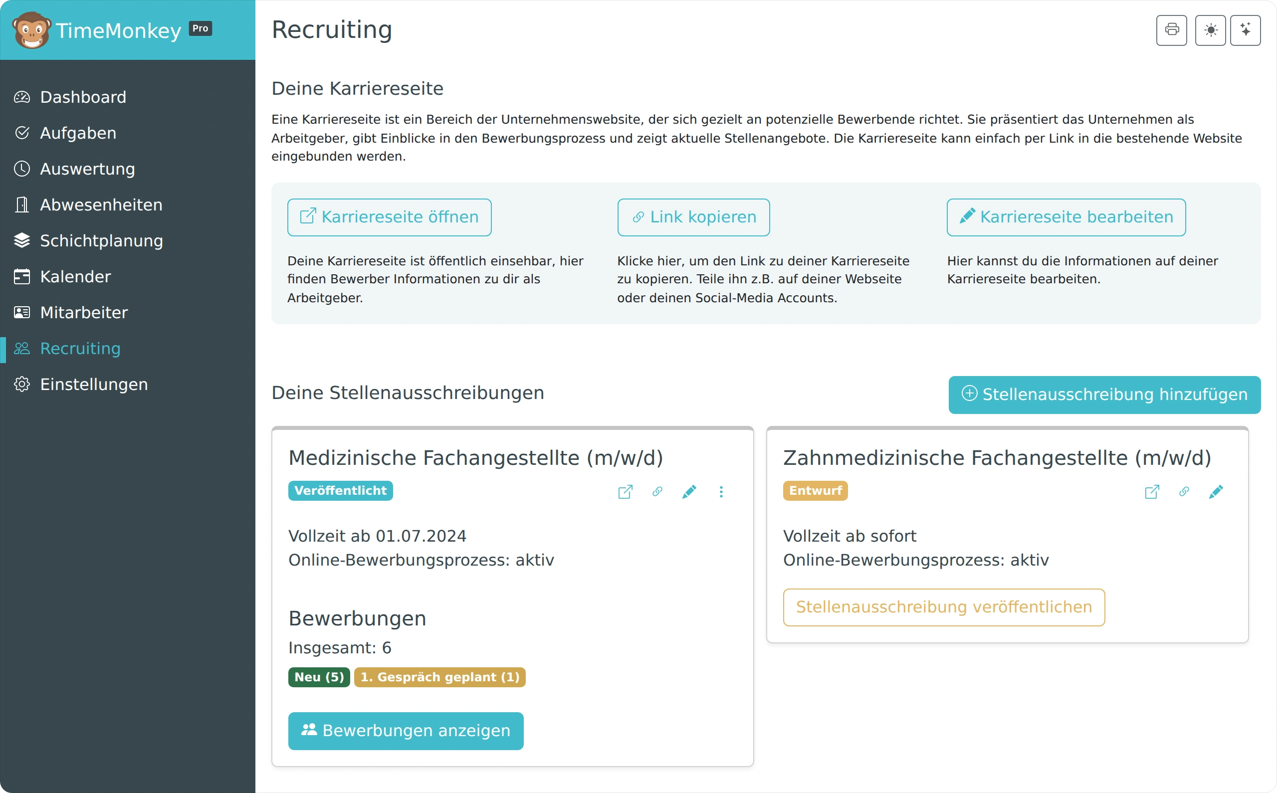 Recruiting-Übersicht mit Karriereseite und Stellenangeboten