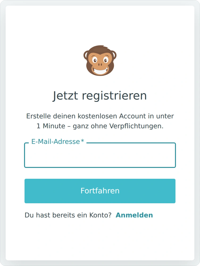 MonkeyMed-Registrierung mit E-Mail-Adresse und Schaltfläche Fortfahren