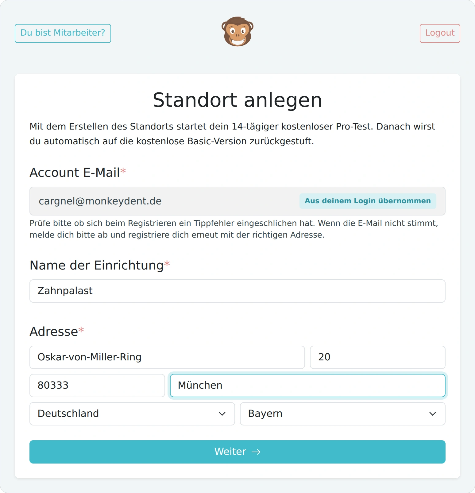 Standort bei der Registrierung anlegen