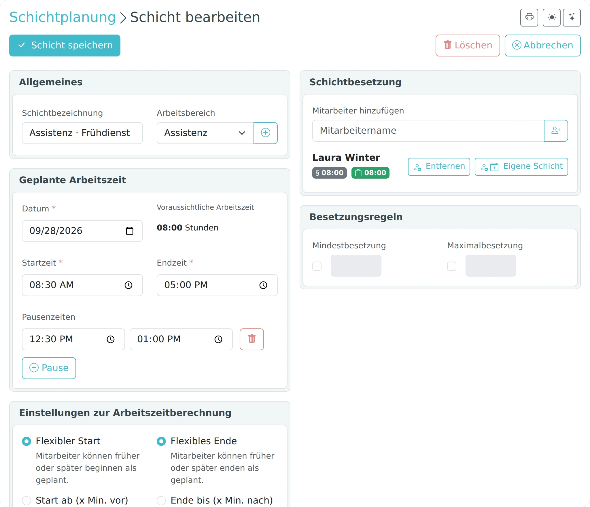 Formular zum Anlegen einer Schicht