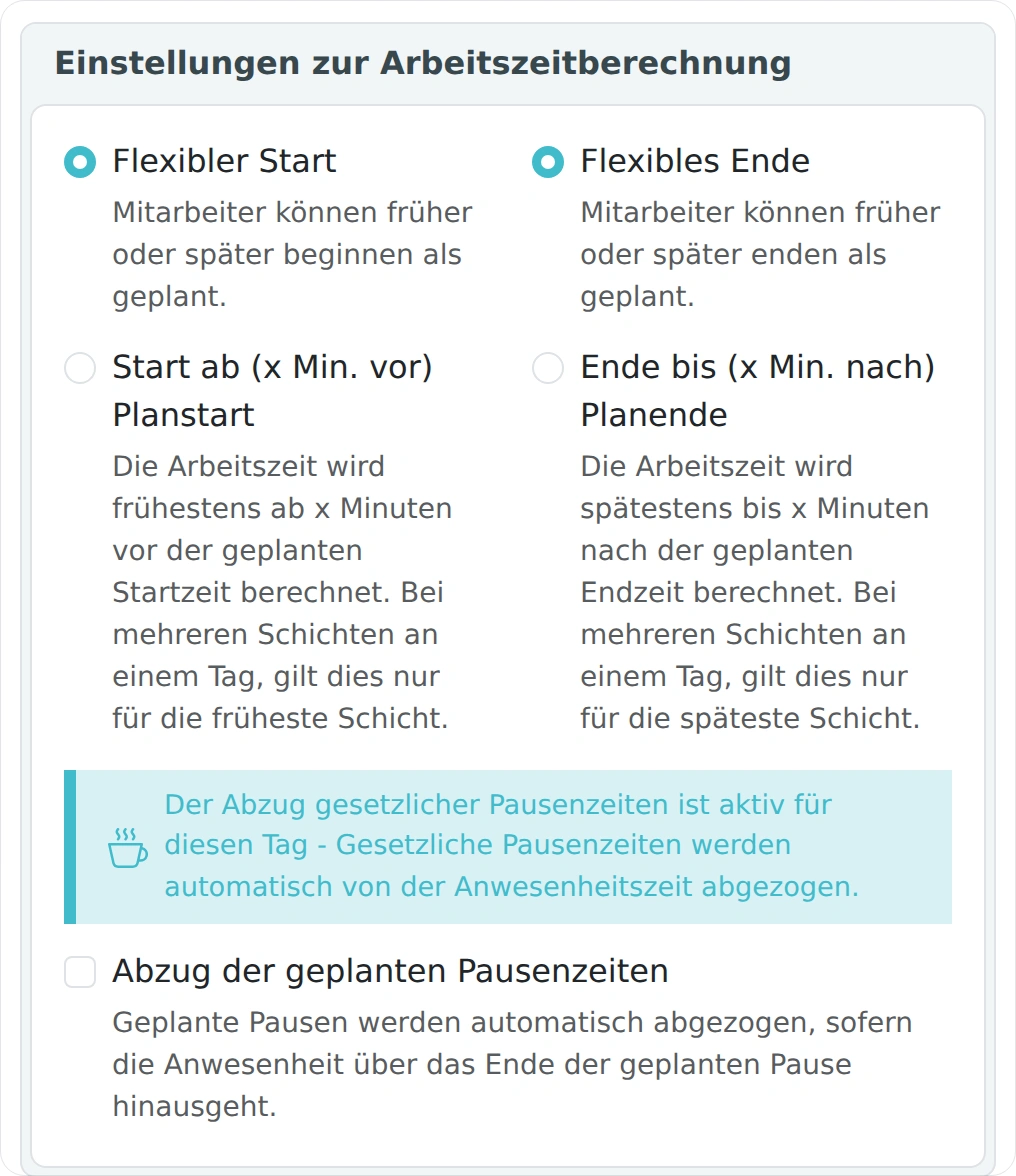 Einstellungen zur Berechnung von Startzeit und Pausen in einer Schicht