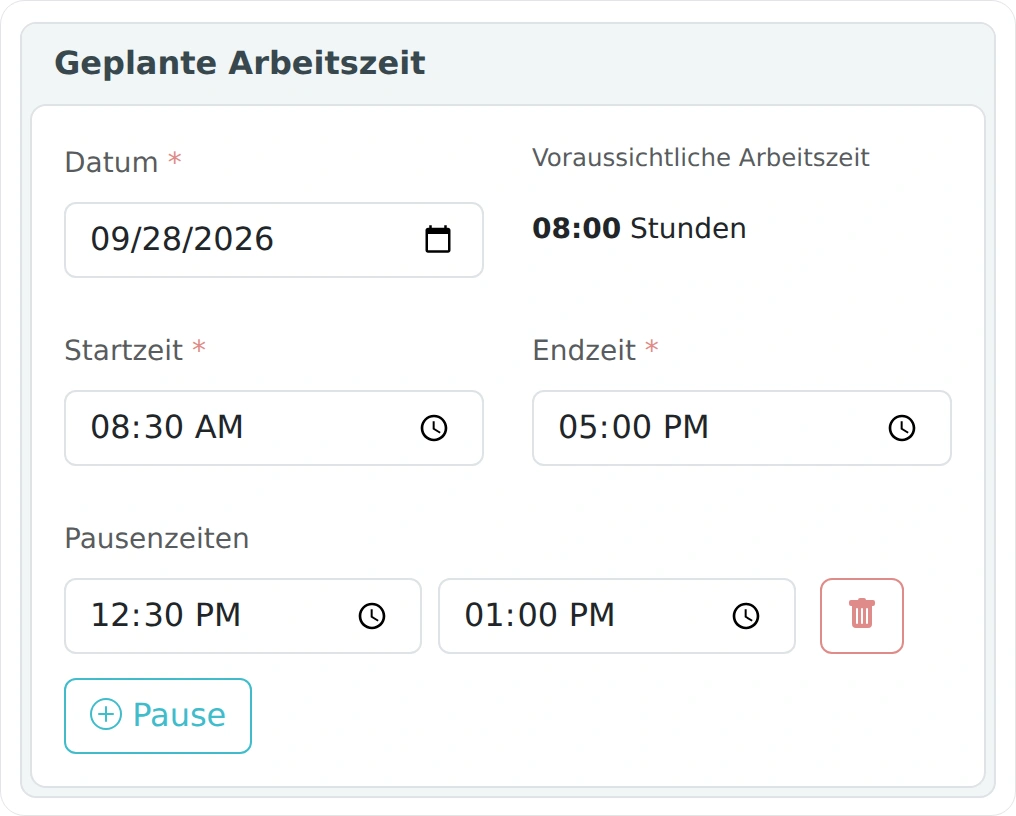 Geplante Arbeitszeit und Pause einer Schicht