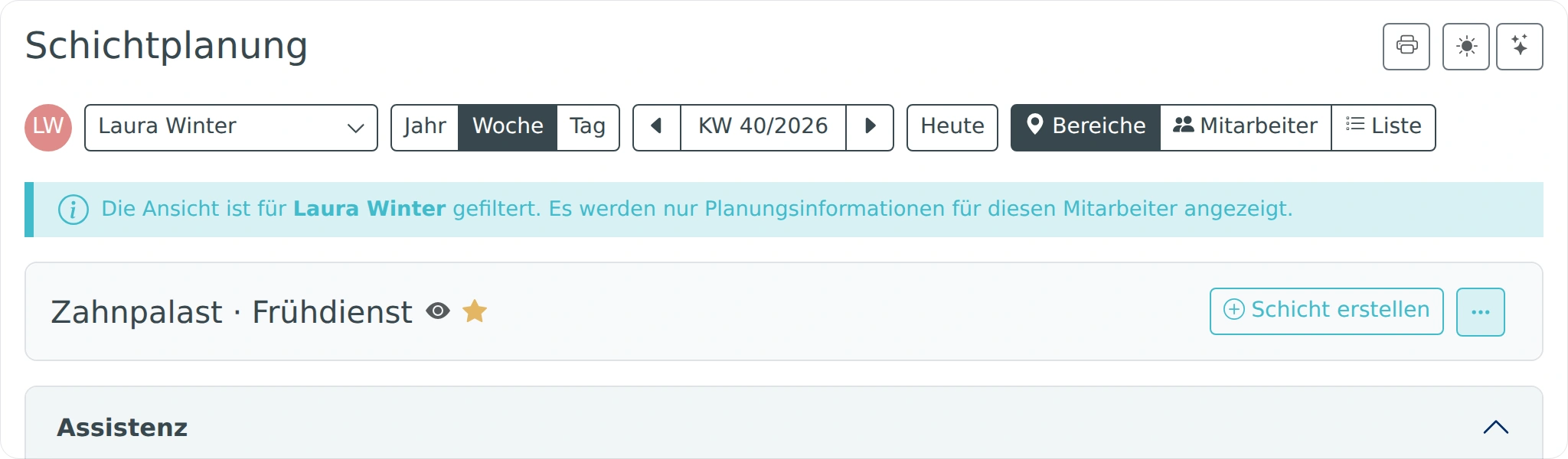 Wochenplan Zahnpalast · Frühdienst mit Stern zum Markieren als Favorit