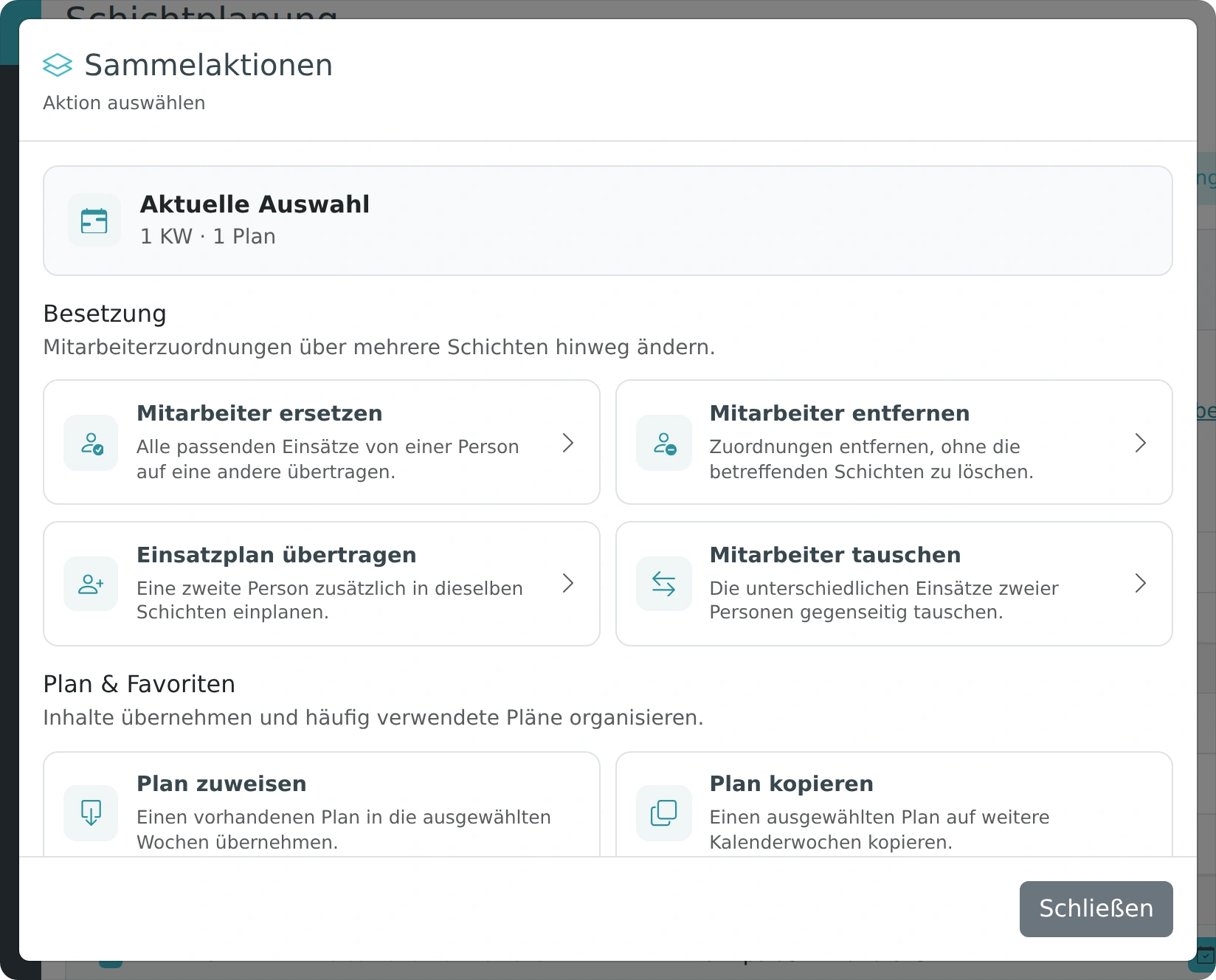 Dialog Sammelaktionen mit Mitarbeiterzuordnung, Planaktionen und Veröffentlichung