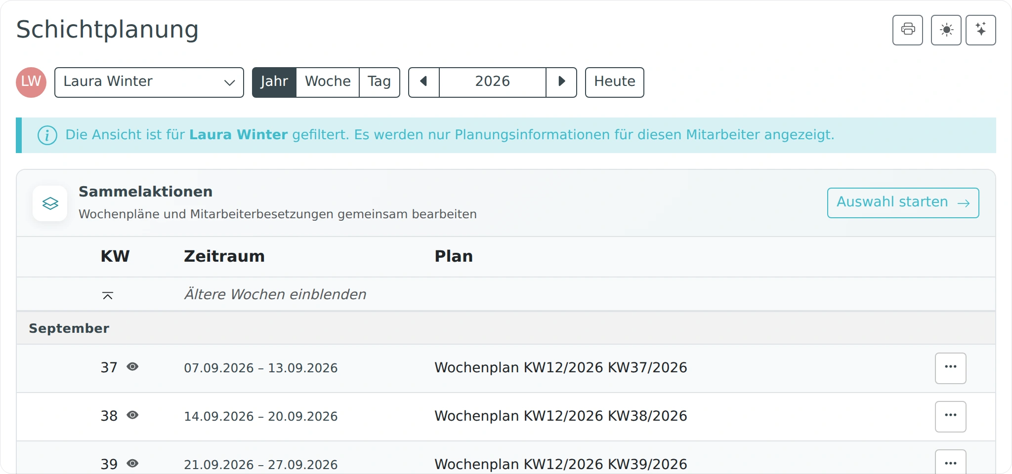 Jahresansicht mit der Karte Sammelaktionen und der Schaltfläche Auswahl starten