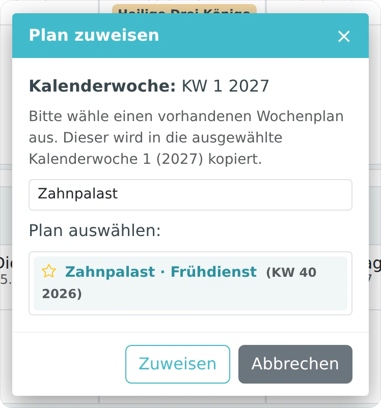 Dialog Plan zuweisen mit ausgewähltem Favoritenplan für die leere Kalenderwoche 1 im Jahr 2027